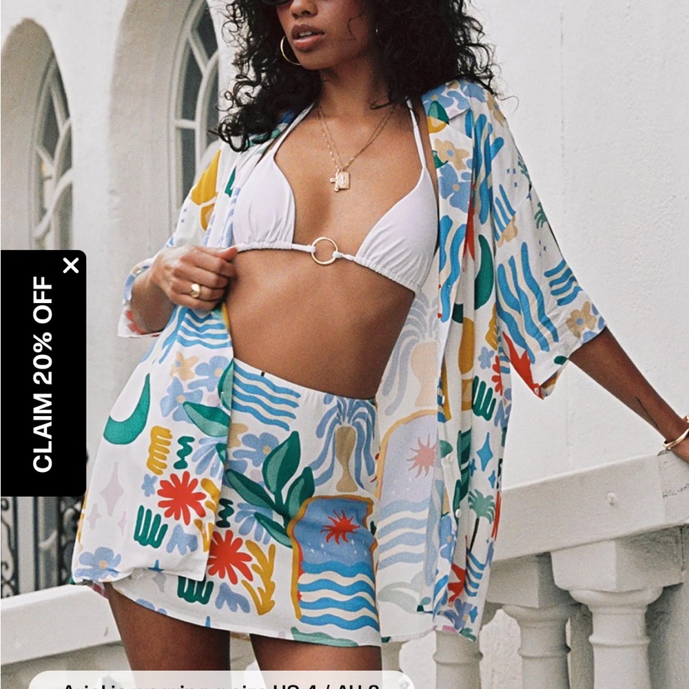 Princess Polly White Bikini Top with Colorful Abstract Cover-Up Set